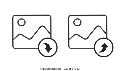Photo image picture file upload icon vector line outline art, share download button graphic thin linear stroke design, illustration import export ui element simple pictogram web clipart