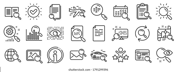 Photo indexation, Artificial intelligence, Car rental icons. Search line icons. Airplane flights, Web search engine, Analytics. Find photo, checklist document, artificial intelligence eye. Vector