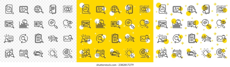 Photo indexation, Artificial intelligence, Car rental icons. Search line icons. Airplane flights, Web search engine, Analytics. Find photo, checklist document, artificial intelligence eye. Vector