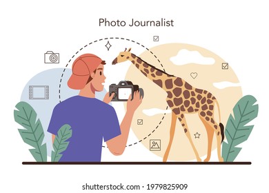 Photo journalist concept. Professional photographer with camera taking pictures in a studio. Artistic occupation in a mass media. Isolated flat vector illustration