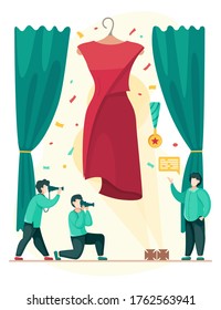 Photo journalists taking photo of presentation or exhibition. Designer presenting new fashionable cloth, got a medal, won prize. Red dress at hanger. Stylist with dialog cloud telling about success