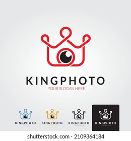 Diseño del logo vectorial del rey de la foto. Combinación de cámara y corona.