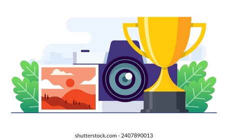 Photo of landscape with a camera and a trophy, Photography competition flat vector illustration template