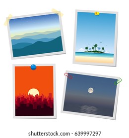 Photo of landscape, mountains, island, city and sea. Cards or reminders templates attached with pushpins, paperclips and scotch tape vector illustrations collection.