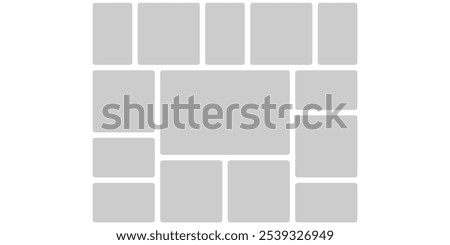 Photo layout bento mosaic ui design. Dashboard pattern, collage poster of bricks. Moodboard card wall for modular interface. Retro futurism gui infographics diagram. Corporate wireframe kit user space