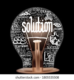 Photo of light bulbs group with shining fiber and icons in a shape of Solution, Creativity, Idea, Experience and Planning concept related words isolated on black background