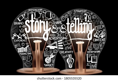 Photo of light bulbs with icons and shining fibers in shapes of Story Telling, Marketing, Content and Creativity concept related words isolated on black background