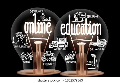 Photo of light bulbs with shining fibers in a shape of Online Education, E-learning, Training and Internet concept related words isolated on black background