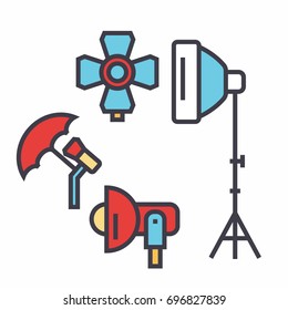 Photo light studio, lighting equipment, photographer concept. Line vector icon. Editable stroke. Flat linear illustration isolated on white background