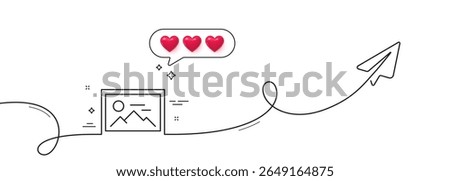 Photo line icon. Continuous line with share plane. Image thumbnail sign. Picture placeholder symbol. Hearts rate review in speech bubble. Photo single line ribbon. Loop curve pattern. Vector