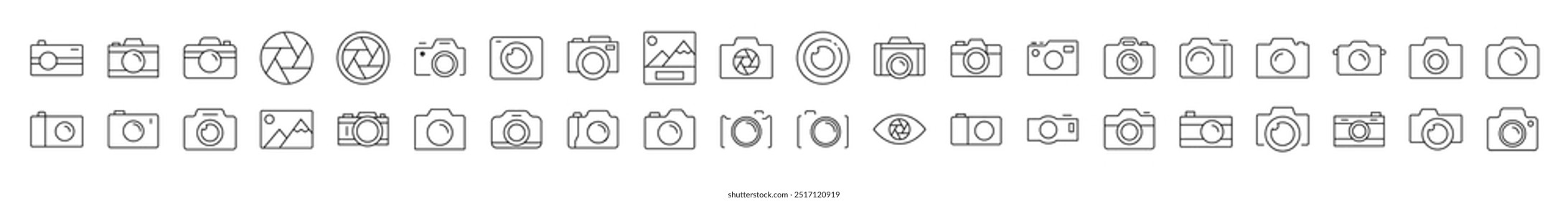 Photo Line Icon Pack. Modern Collection for Design, Web Sites, Apps, Cards. Contains Linear Images of Camera