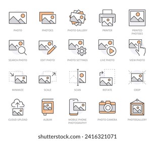 Symbol für die Fotolinie eingestellt. Bildergalerie, Bilderrahmen, Drucker, Dateigröße, minimale Vektorgrafiken. Einfache Rahmenzeichen für die Anwendung des Fotoeditor. Orangefarbene Farbe. Bearbeitbare Schlaganfälle