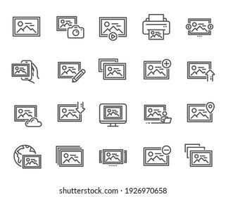 Photo line icons. Print image, Photo camera, Upload picture icons. Edit image, Play presentation and photo printer. Download picture, Gallery carousel, placeholder pic. View portfolio. Vector