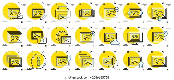 Photo Line Icons. Print Image, Photo Camera, Upload Picture Icons. Edit Image, Play Presentation And Photo Printer. Download Picture, Gallery Carousel, Placeholder Pic. View Portfolio. Vector