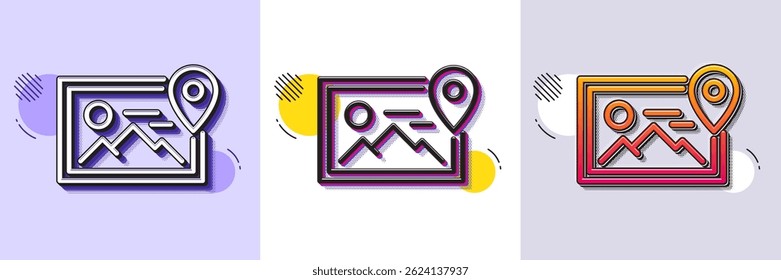Photo location line icon. Halftone dotted pattern. Gradient icon with grain shadow. Image thumbnail sign. Picture placeholder symbol. Line photo location icon. Various designs. Vector
