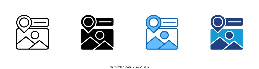 Locación de fotos Diseño de Vector de íconos de estilo múltiple: Imagen con un pin de ubicación, que representa Fotos geoetiquetadas o Fotografía basada en la ubicación