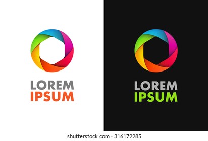 Photo logo template. Colorful diaphragm icon of shutter. Vector illustration with caption