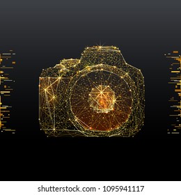 Photo. Low poly wireframe illustration of camera in gold style. Polygonal vector image in RGB color. Photography concept.