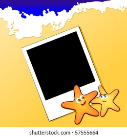 A photo lying on the beach and two starfish next. Vector