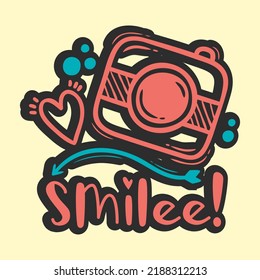 Photo machine, heart and smile text slogan on yellow background. Hand drawing vector for textile and fashion fabrics.