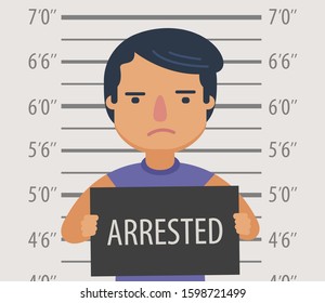 Photo of man arrested with sign in police station. Funny cartoon vector illustration