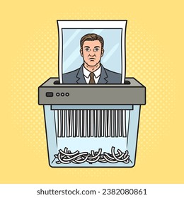 photo of man destroyed by shredder pop art retro hand drawn vector illustration. Comic book style imitation.