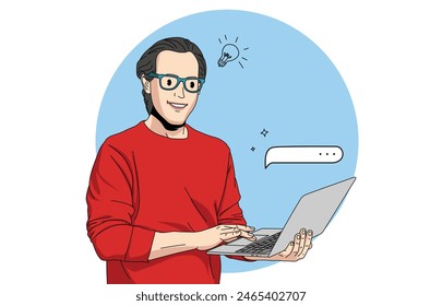 Photo of man holding netbook hand touchpad wearing glasses in red sweater looking for business opportunities.