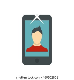 Photo of a man on the screen of smartphone icon in flat style on a white background