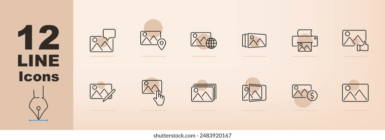 Icono de conjunto de administración de fotos. Imagen, ubicación, Galería, impresora, como, álbum, mano, Hacer clic, presentación de diapositivas, dinero, paisaje, medios, almacenamiento de fotos, Fotografía digital