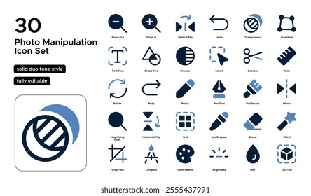 Photo Manipulation Solid Duo Tone Icon Set: Retouching, Image Alteration, and Artistic Adjustments Icons