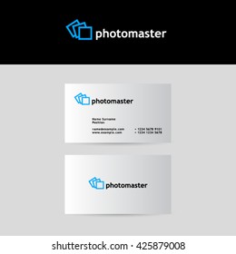 Photo master logo. Photo school icon. Blue frames logo. Business card. Identity. Corporate style.