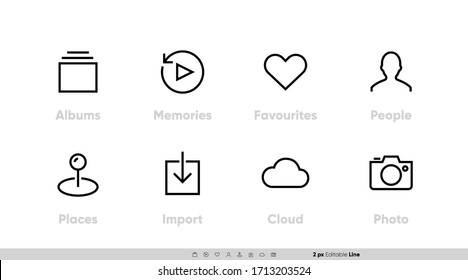 Photo and Media Types icon set. Such as Albums, Memories, Favourite, People, Places, Import, Cloud, Camera for app and website. Editable Line icons on white background.