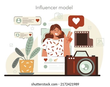 Photo model concept. Man and woman represent new clothes at a fashion show on a runway and photoshoot. Fashion industry worker or influencer. Flat vector illustration