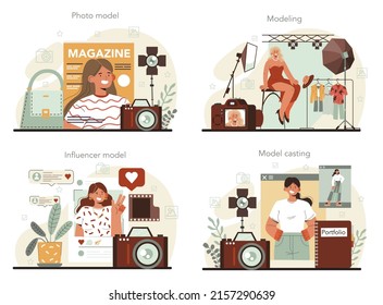 Photo model concept set. Man and woman represent new clothes at a fashion show on a runway and photoshoot. Fashion industry worker or influencer. Flat vector illustration