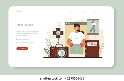 Photo model web banner or landing page. Man and woman represent new clothes at a fashion show on a runway and photoshoot. Fashion industry worker or influencer. Flat vector illustration