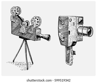 Photo movie or film camera vintage, engraved, hand drawn in sketch or wood cut style, old looking retro lens, isolated vector realistic illustration