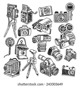 Photo and movie vintage hobby cameras with tripod and flashlight pictograms collection graphic doodle sketch vector illustration