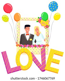 Photo of newlyweds vector, photozone with decoration flat style celebration of wedding. Man and woman in frame with balloons and flowers, love letters with dots and stripes decor romantic decor