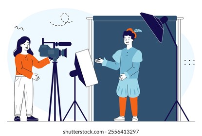 Photo on chromakey background. Woman with camera films theater actor. Creativity and art. Film production and filmmaking. Linear vector illustration isolated on white background