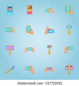 Photo on selfie stick icons set. Cartoon illustration of 16 photo on selfie stick vector icons for web