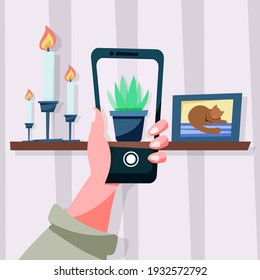 Photo on the smartphone screen. The man takes a photo on the phone. Vector illustration in flat style