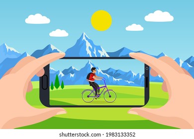 Photo on your phone. Hands hold smartphone, man ride on bicycle on grass and mountains background on device screen, mobile picture or video, travel photography, vector cartoon concept