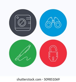 Photo, open lock and search icons. Pen linear sign. Linear icons on colored buttons. Flat web symbols. Vector