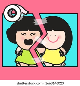 Photo Paper Of Close Up Two Girl Smiling And Shoulder Hug Tearing. Best Friend Breaking Up, Freindship Ending Concept Card Character illustration