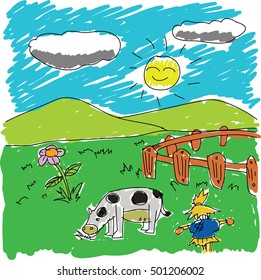 Photo pasture-fed cows with a scarecrow children style