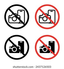 Photo and Phone Forbidden Sign Icon Set. Camera and mobile phone prohibition vector symbol in a black filled and outlined style. Capture and Call Ban Sign.