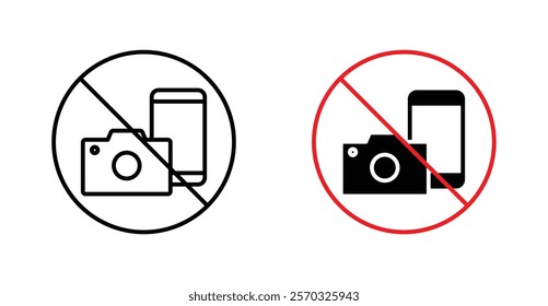 Photo and phone forbidden signs vectors set in black. line and flat versions