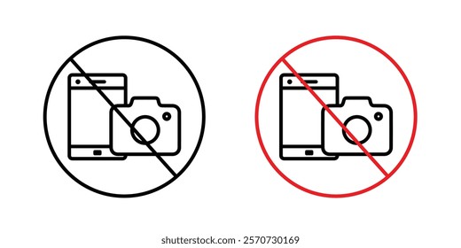 Photo and phone forbidden signs vectors set in black and red colors on white background.