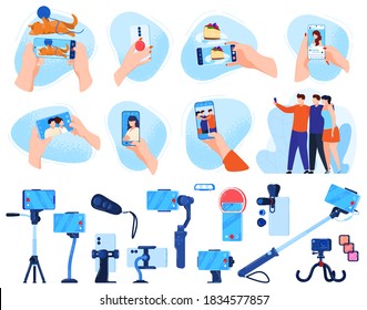 Photo phone shooting vector illustration set. Cartoon flat mobile smartphone photography, equipment collection of photographer hand with digital camera taking photos, people posing isolated on white