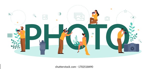 Photo and photographer typographic header concept. Professional photographer with camera taking pictures. Artistic occupation and photography courses. Isolated flat vector illustration